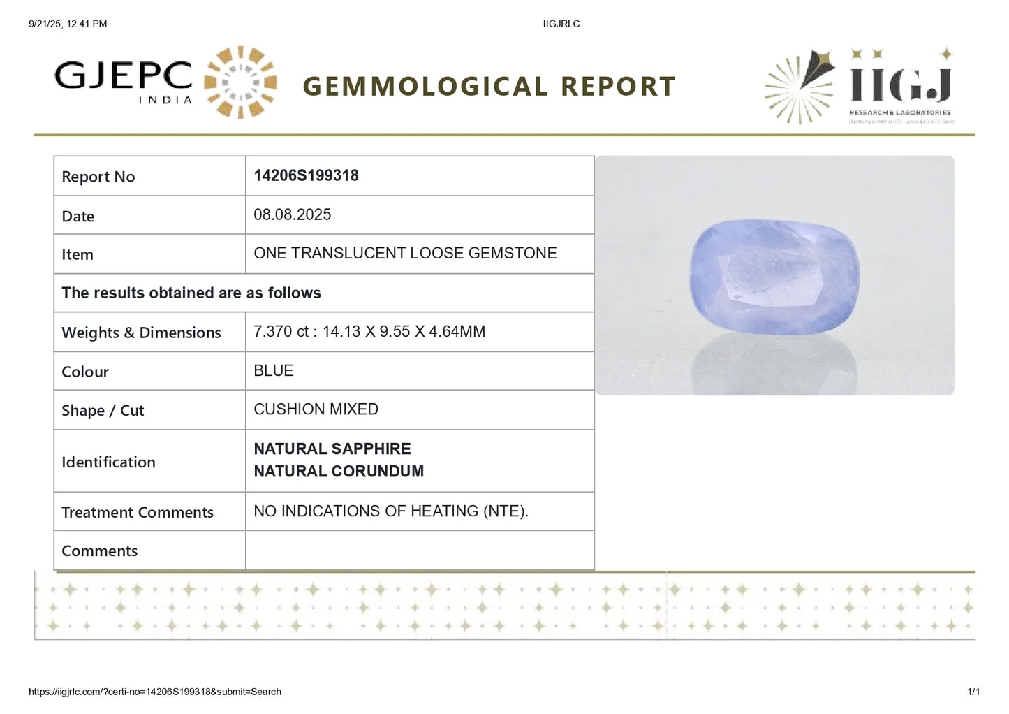 Natural Blue Sapphire (Neelam) 7.37 Carats