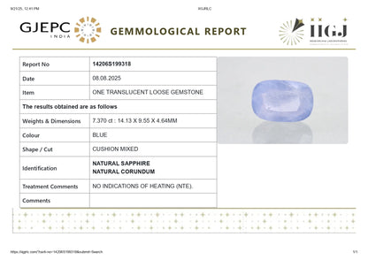 Natural Blue Sapphire (Neelam) 7.37 Carats