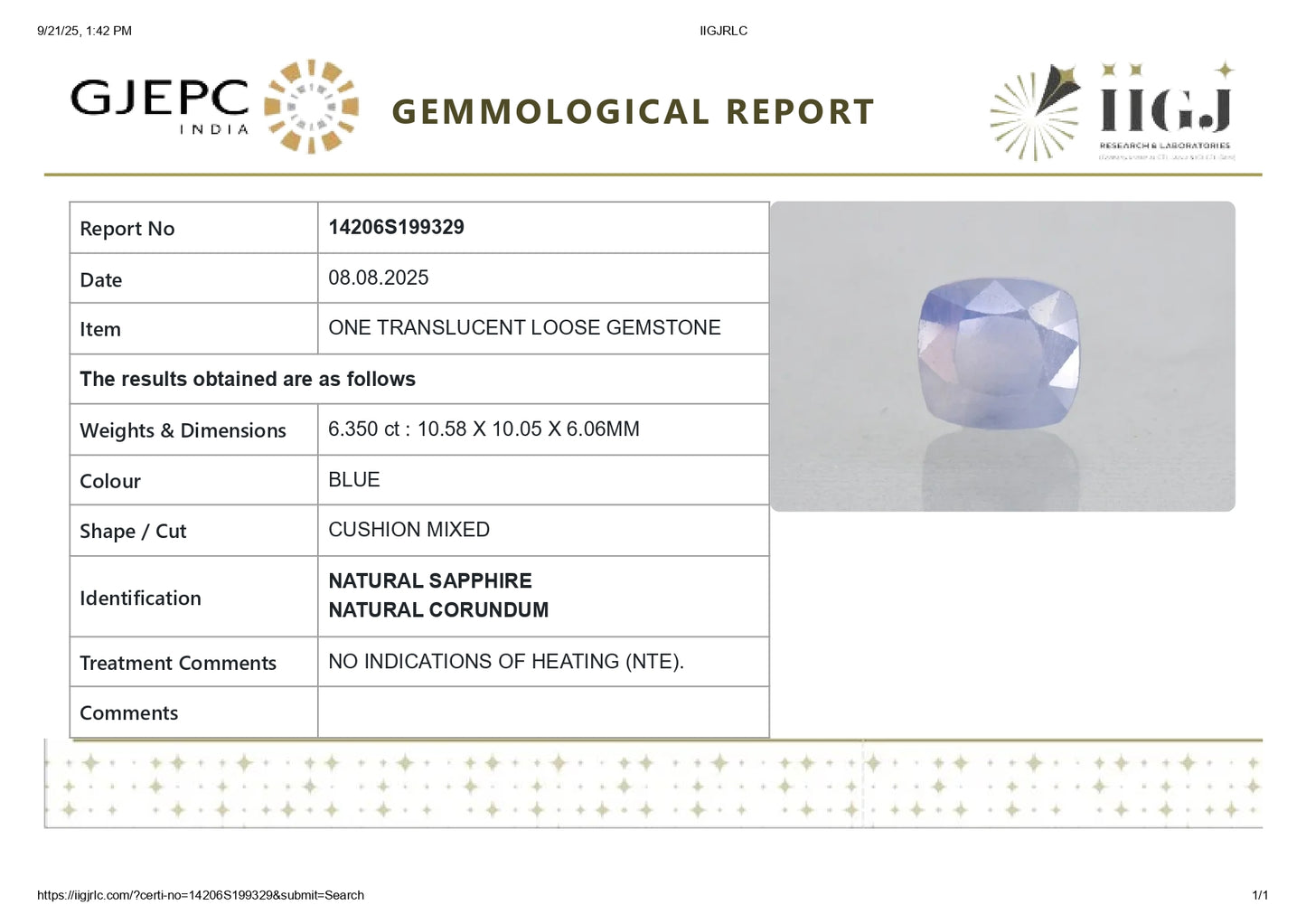 Natural Blue Sapphire (Neelam) 6.35 Carats