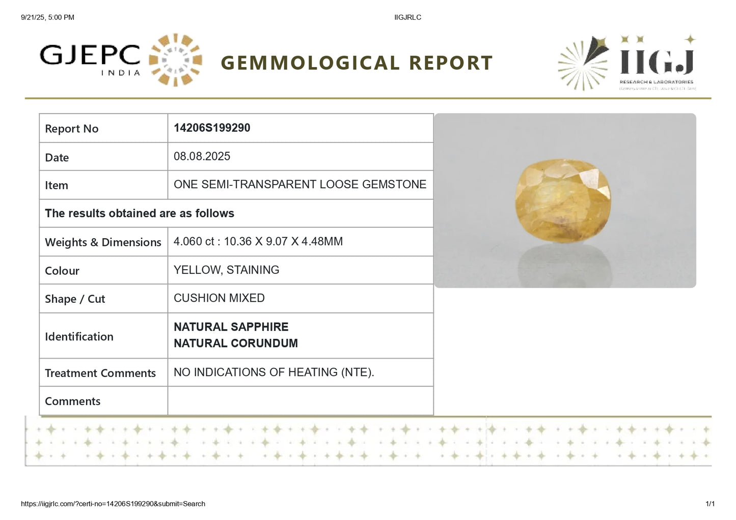 NATURAL YELLOW SAPPHIRE (PUKHRAJ) 4.06 CARATS