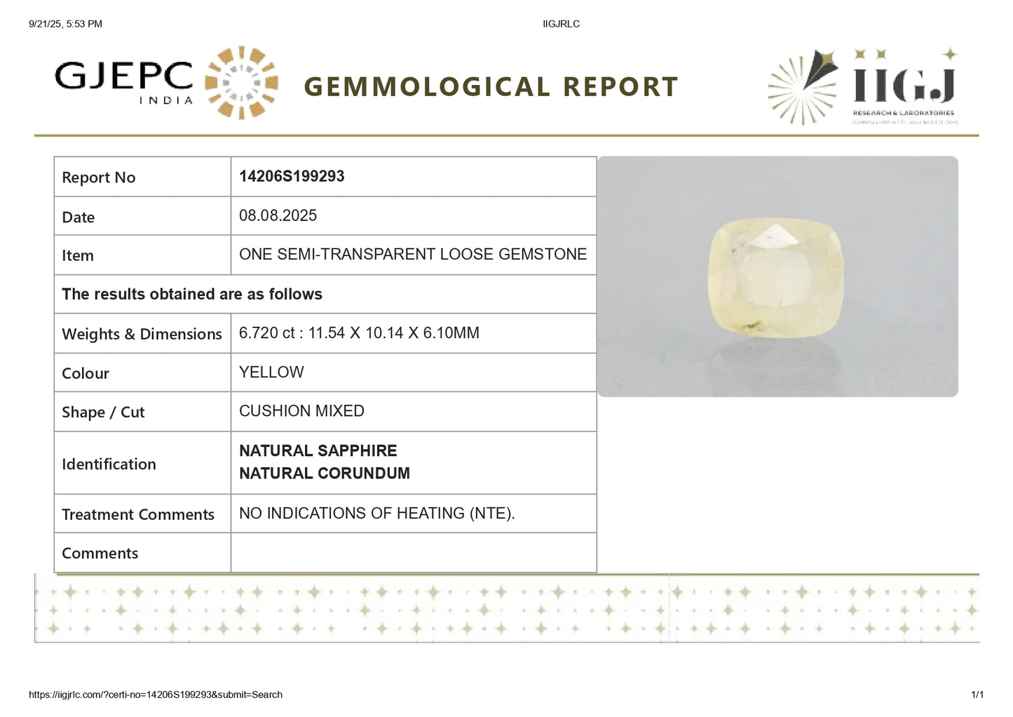 Natural Yellow Sapphire (Pukhraj) 6.72 Carats