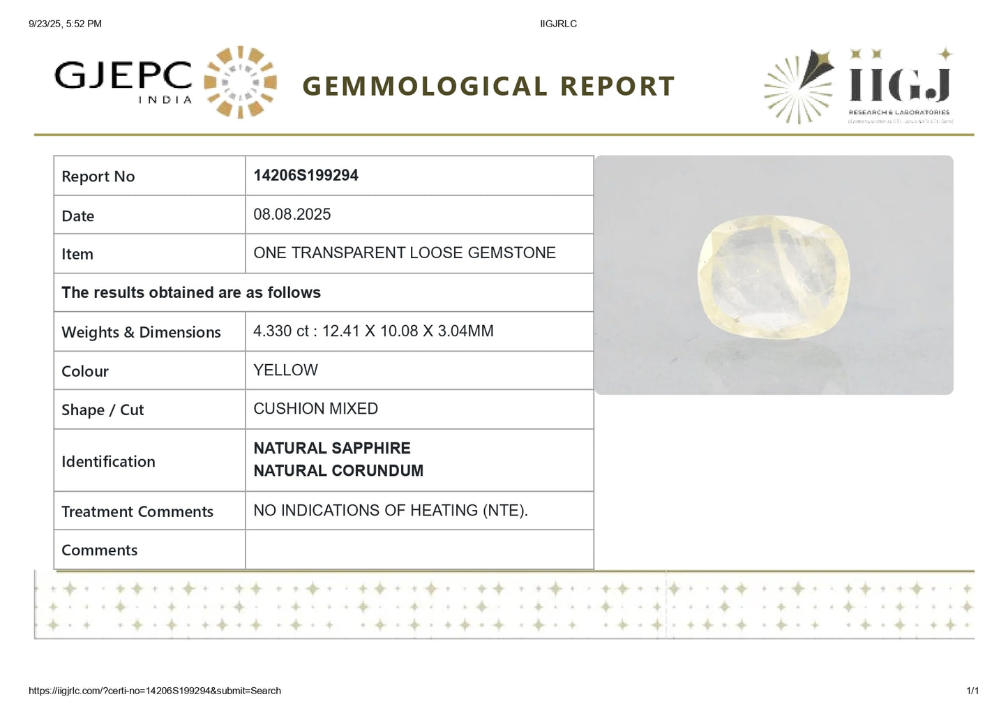 Natural Yellow Sapphire (Pukhraj) 4.33 Carats