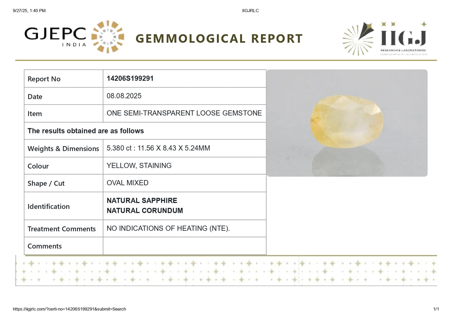 Natural Yellow Sapphire (Pukhraj) 5.38 Carats