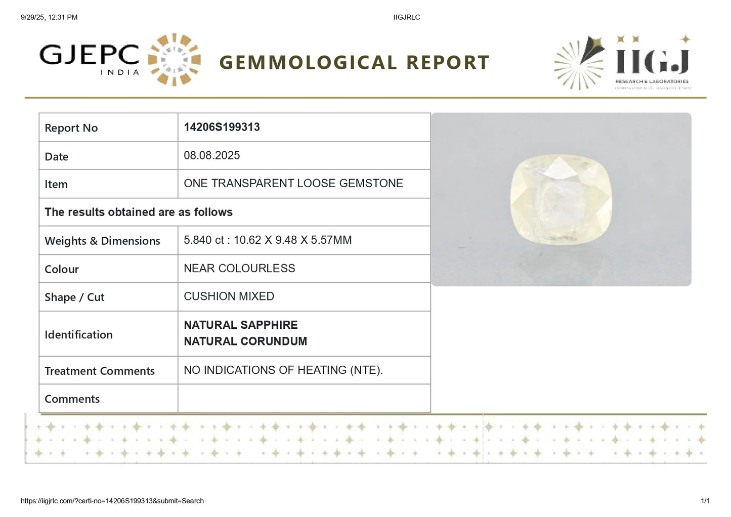 Natural White Sapphire 5.84 Carats