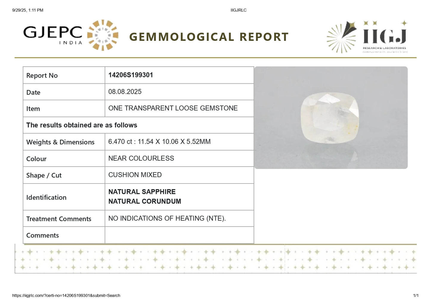 NATURAL WHITE SAPPHIRE 6.47 CARATS