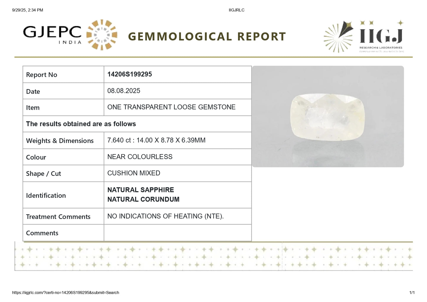 Natural White Sapphire 7.64 Carats