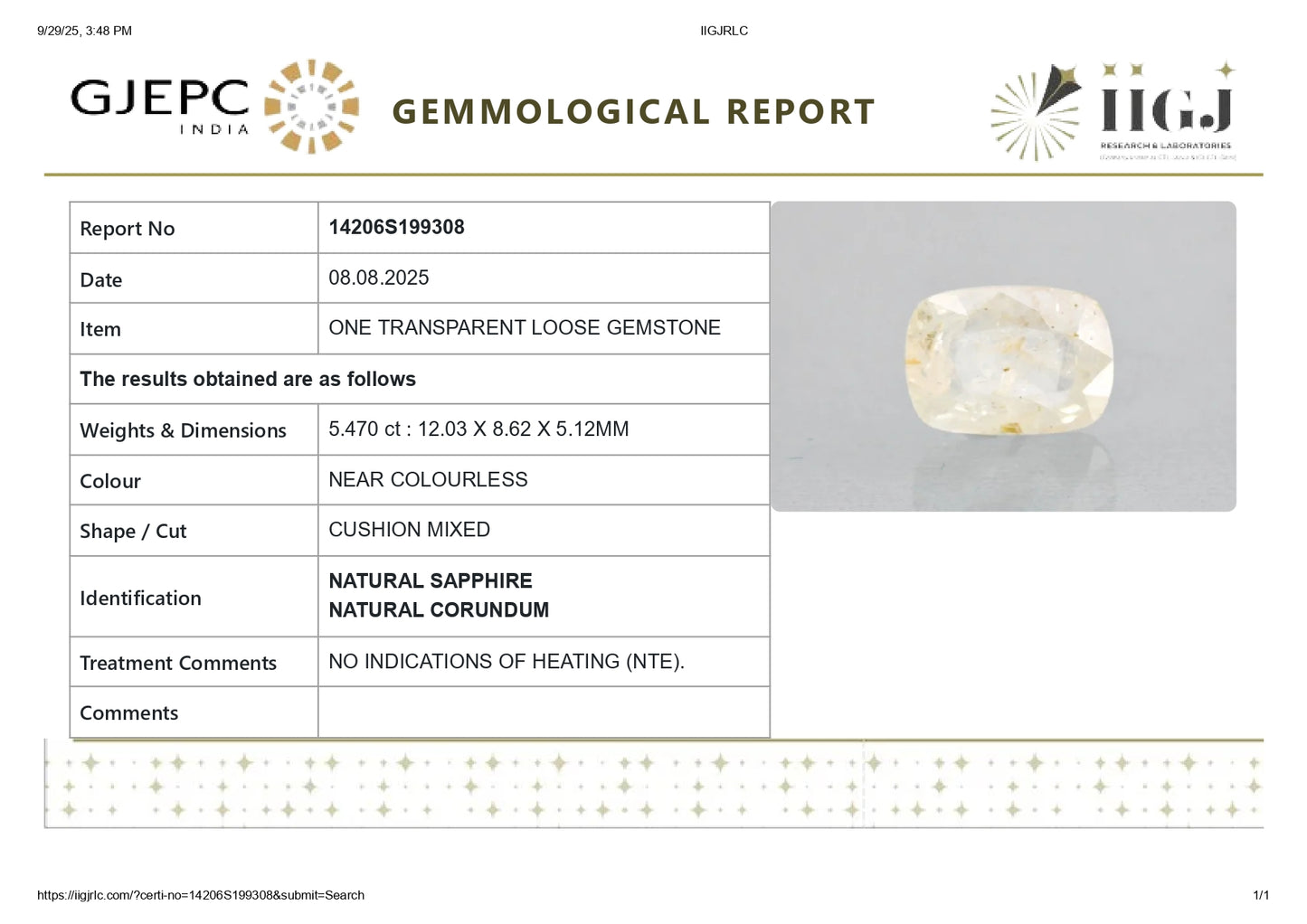 Natural White Sapphire 5.47 Carats