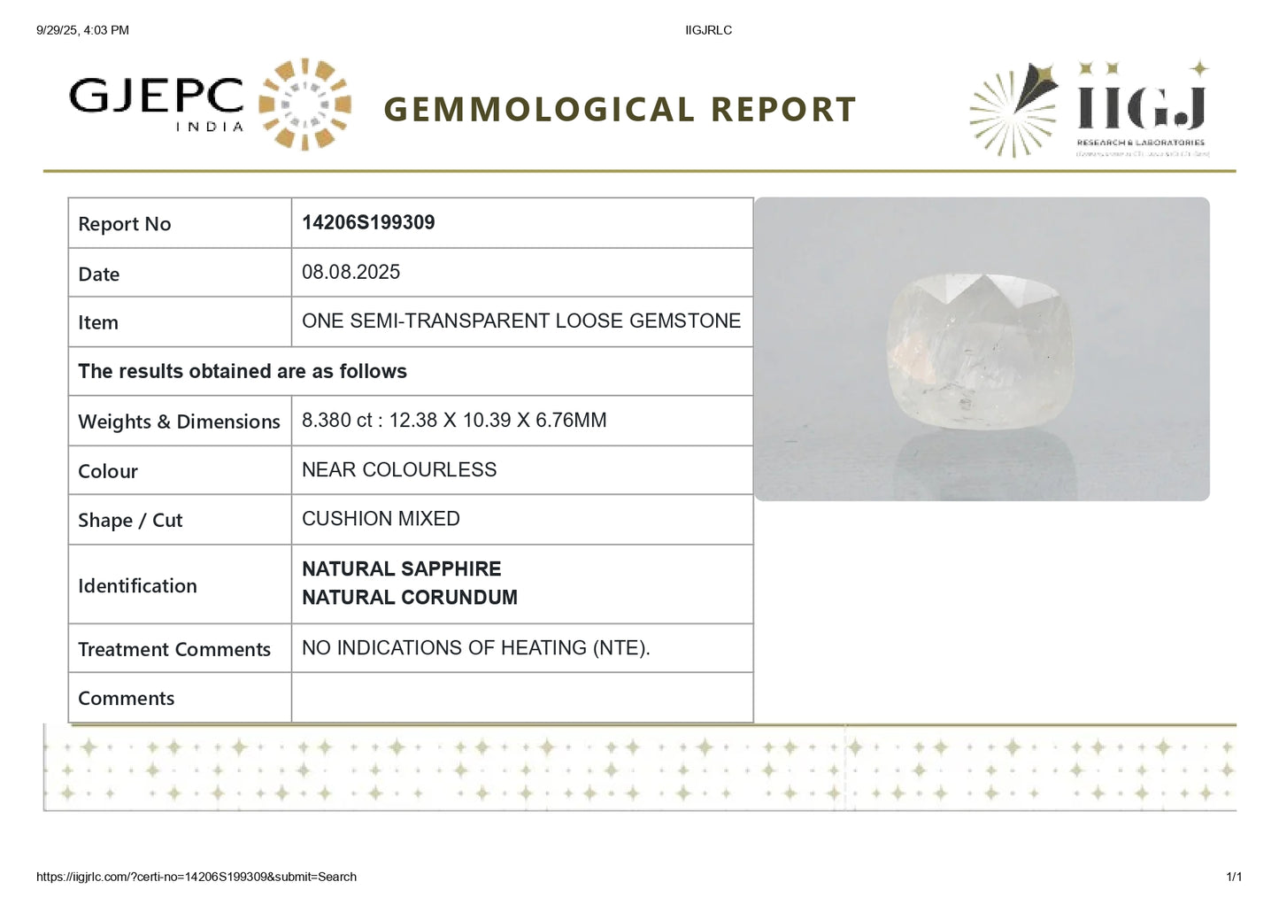 Natural White Sapphire 8.38 Carats