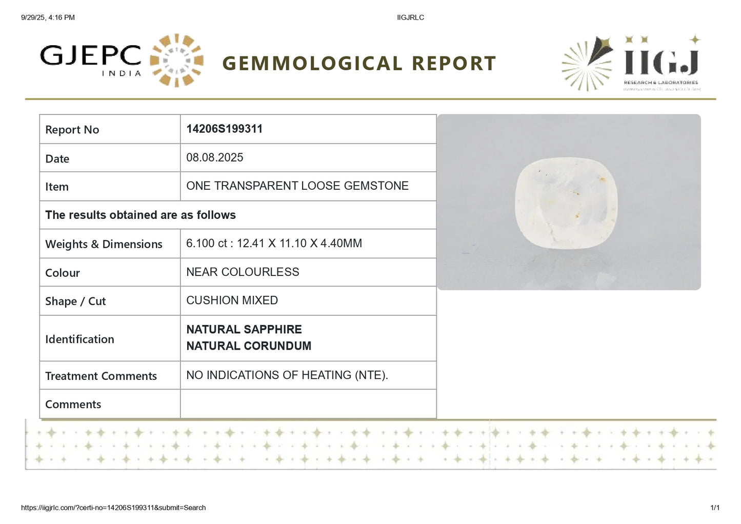 Natural White Sapphire 6.10 Carats