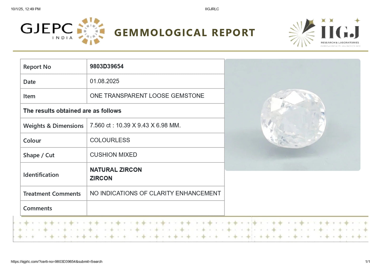 NATURAL ZIRCON 7.56 CARATS