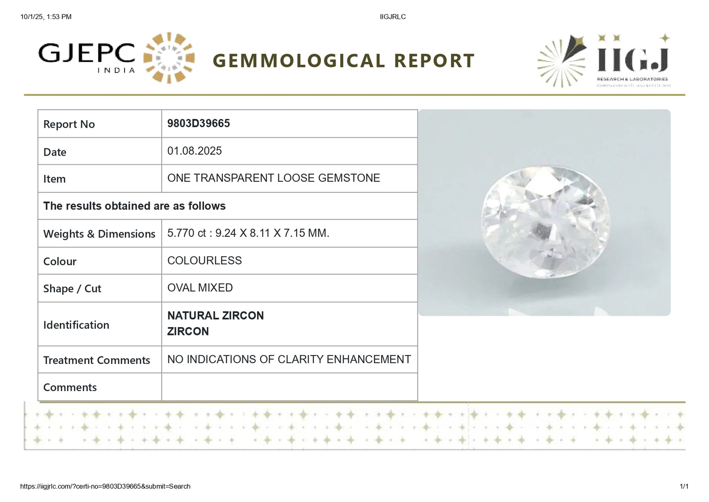 Natural Zircon 5.77 Carats