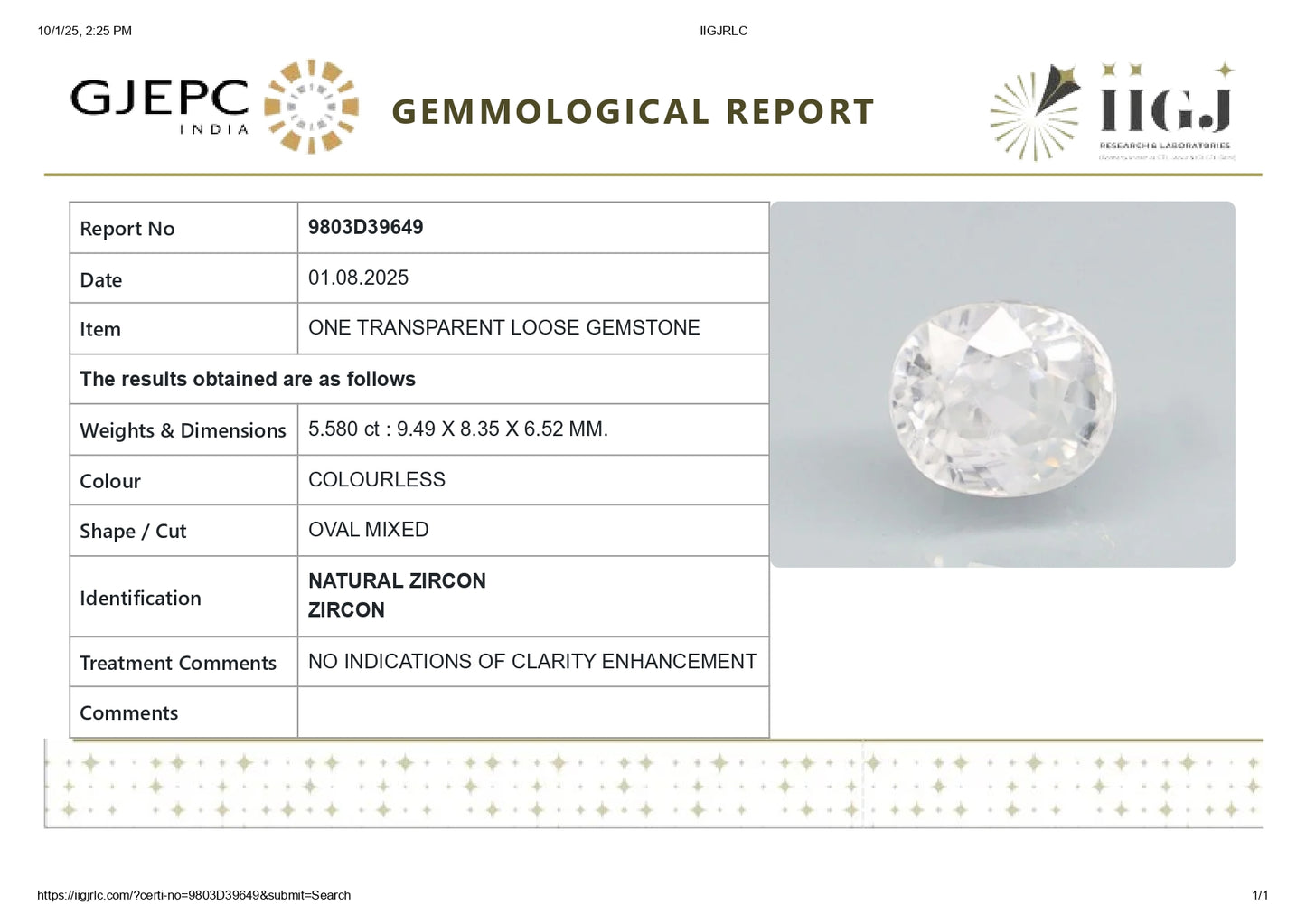 Natural Zircon 5.58 Carats