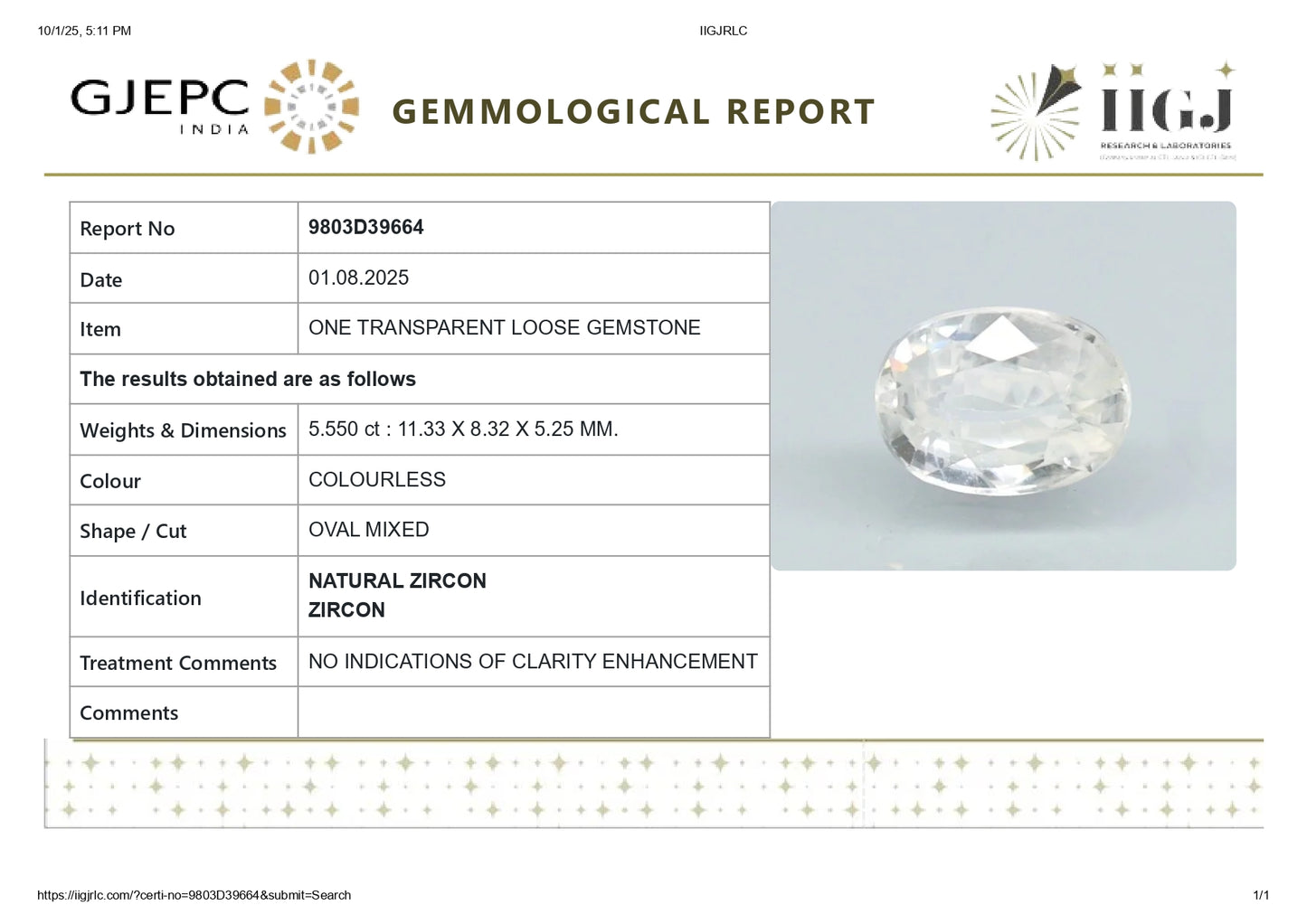 Natural Zircon 5.55 Carats