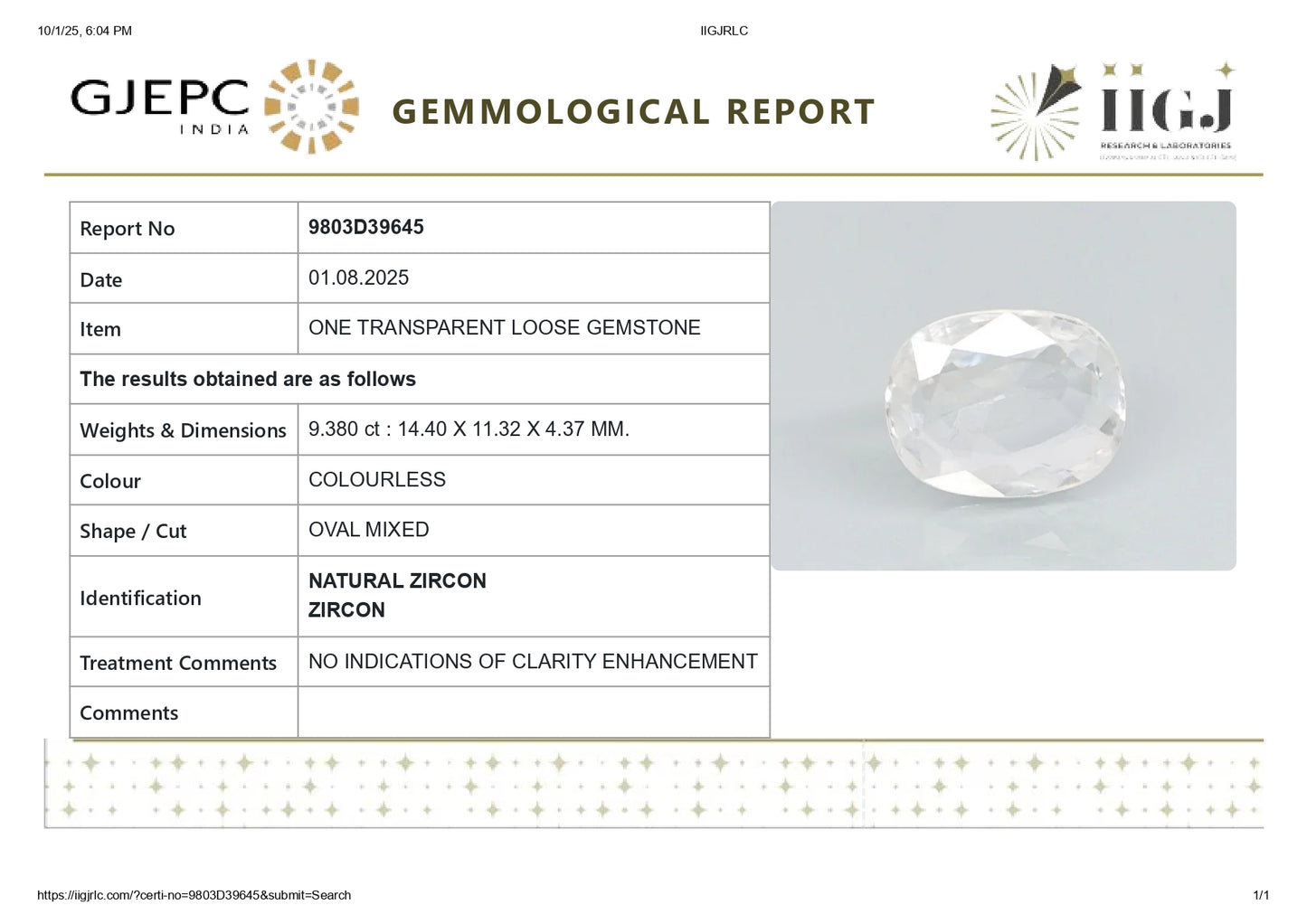 Natural Zircon 9.38 Carats