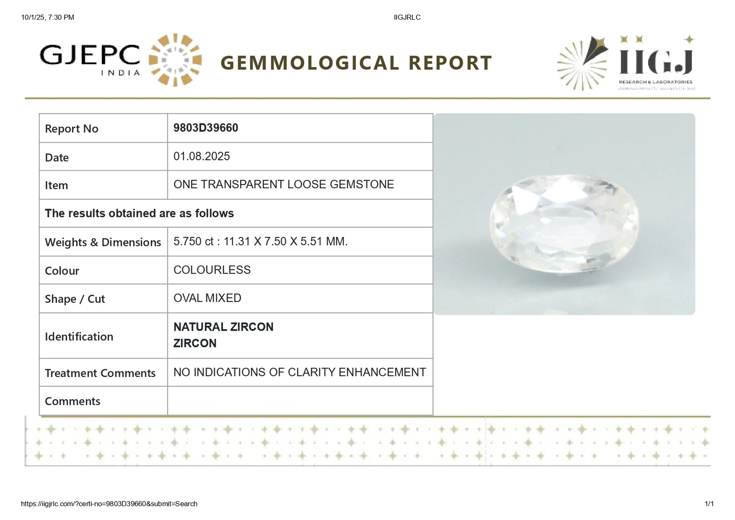 Natural Zircon 5.75 Carats