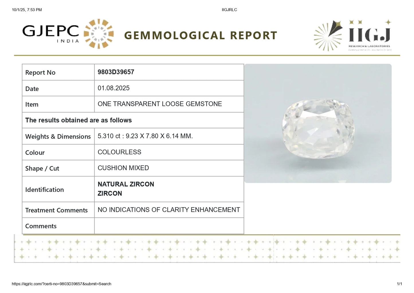 NATURAL ZIRCON 5.31 CARATS