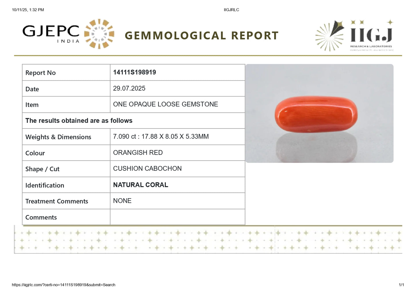 Natural Italian Red Coral (Moonga) 7.09 Carats