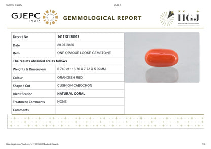 NATURAL RED CORAL (Moonga) 5.74 CARATS