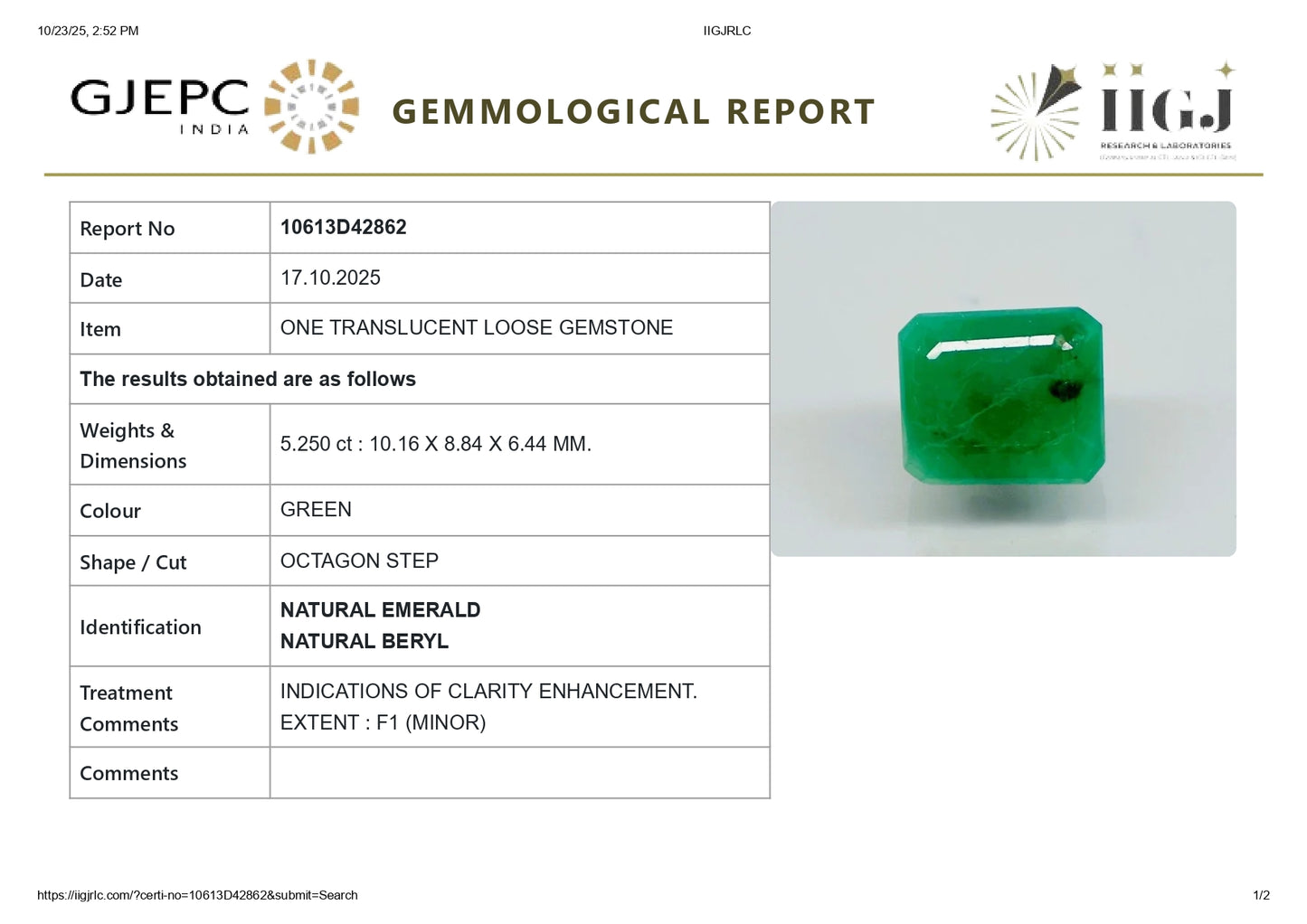 Natural Zambian Emerald (Panna) 5.25 Carats