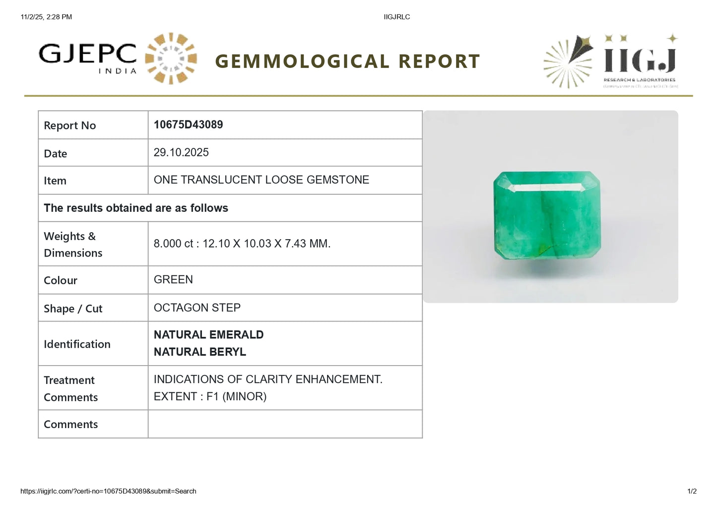 Natural Zambian Emerald (Panna) 8.00 Carats