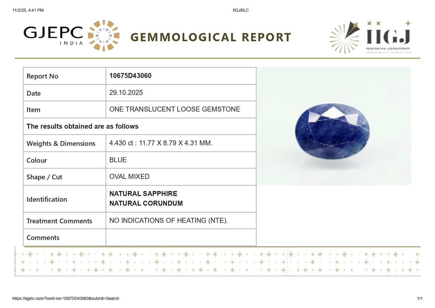 Natural Blue Sapphire (Neelam) 4.43 Carats