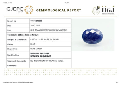 Natural Blue Sapphire (Neelam) 4.43 Carats