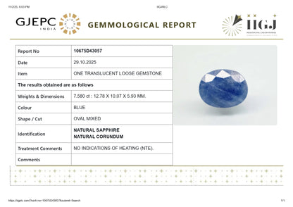 NATURAL BLUE SAPPHIRE (NEELAM) 7.58 CARATS