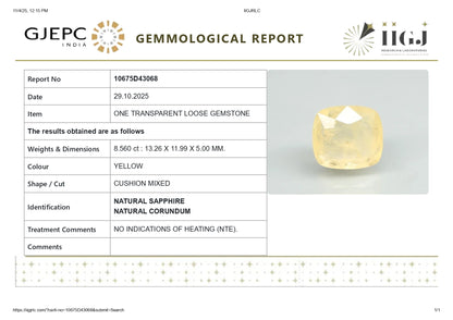 Natural Yellow Sapphire (Pukhraj) 8.56 Carats