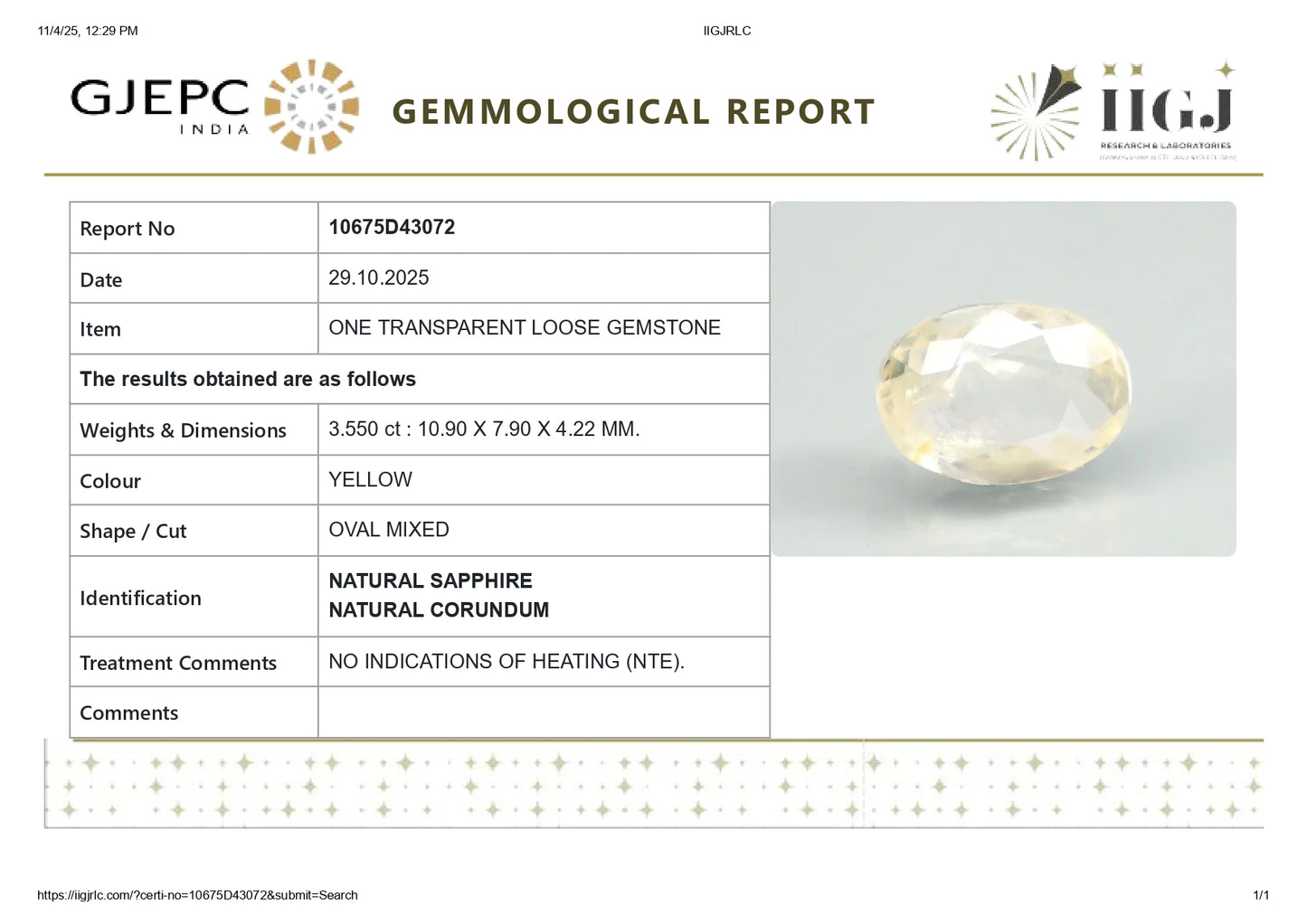 Natural Yellow Sapphire (Pukhraj) 3.55 Carats