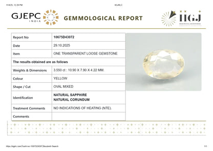 Natural Yellow Sapphire (Pukhraj) 3.55 Carats