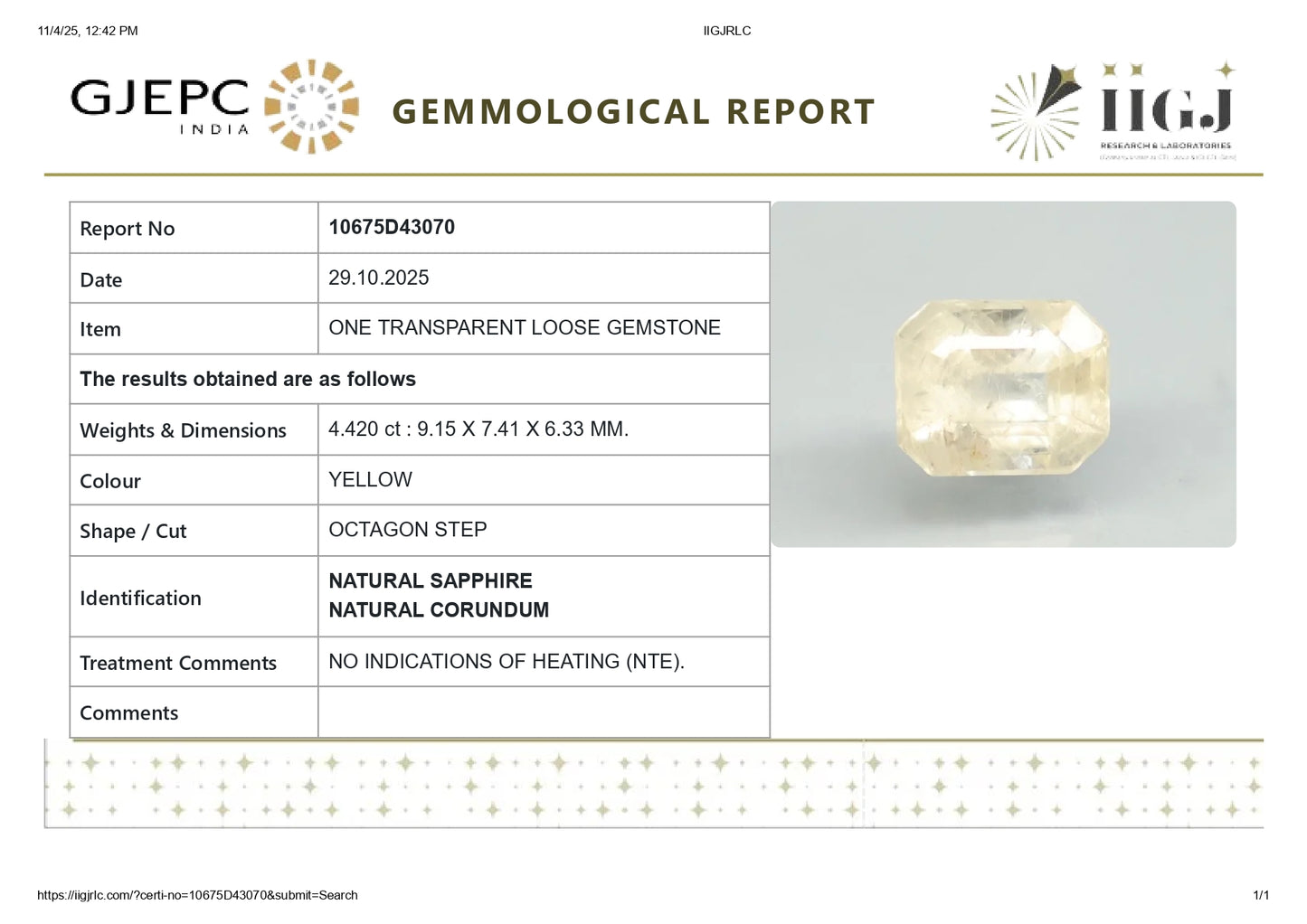 Natural Yellow Sapphire (Pukhraj) 4.42 Carats