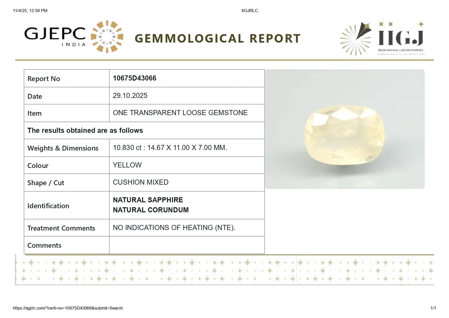 Natural Yellow Sapphire (Pukhraj) 10.83 Carats
