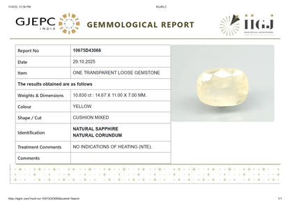 Natural Yellow Sapphire (Pukhraj) 10.83 Carats