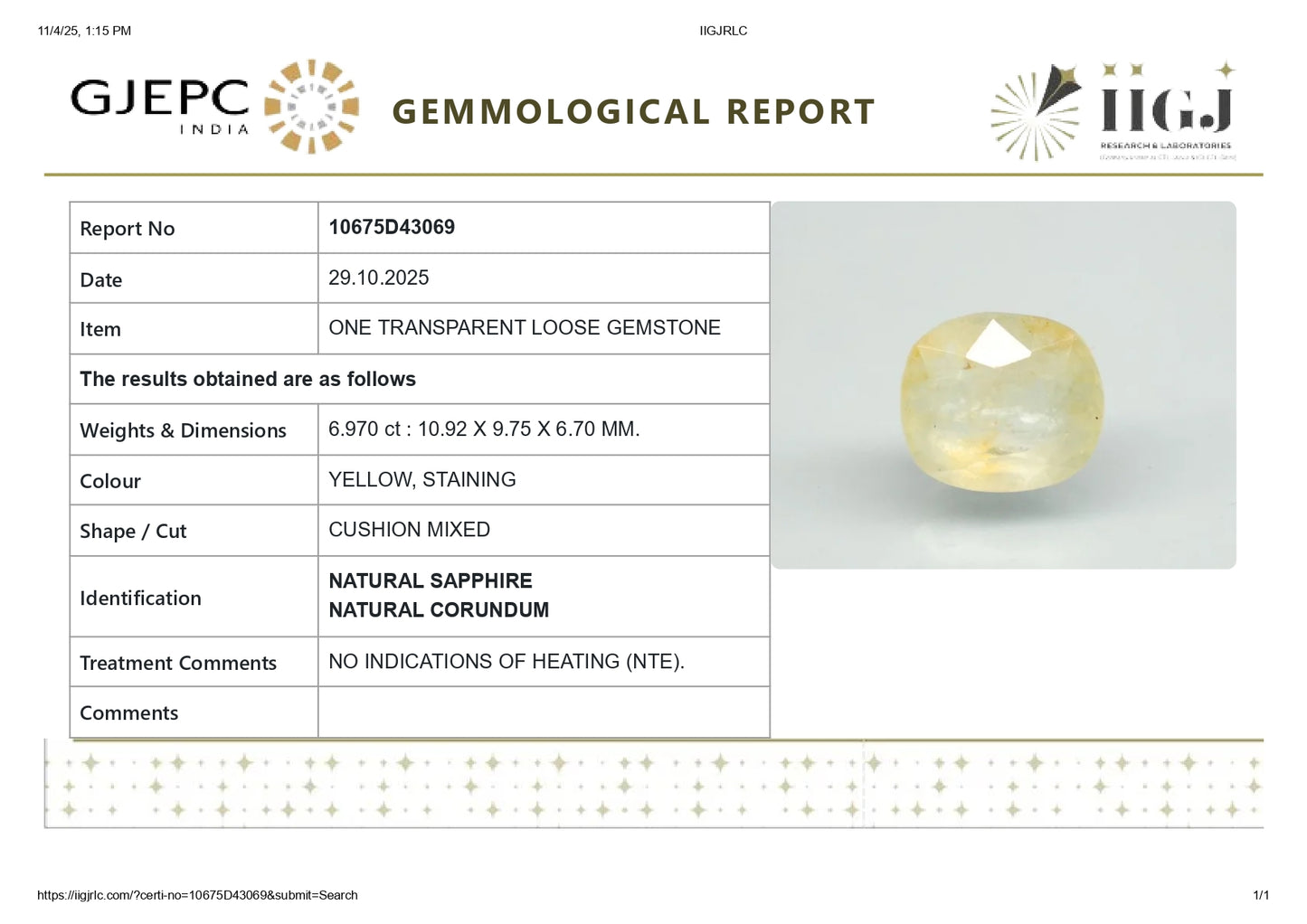 Natural Yellow Sapphire (Pukhraj) 6.97 Carats