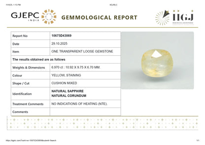 Natural Yellow Sapphire (Pukhraj) 6.97 Carats