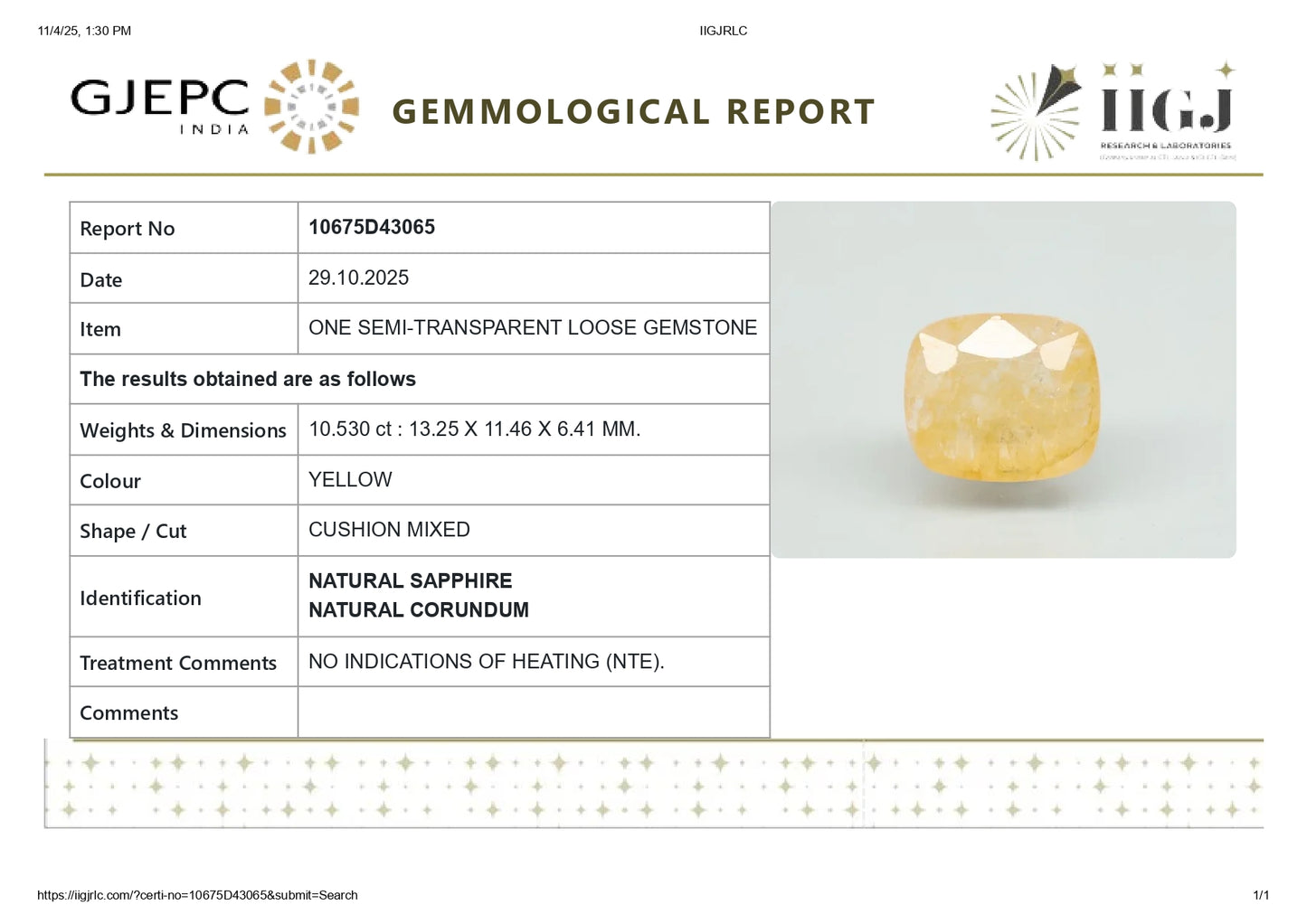 Natural Yellow Sapphire (Pukhraj) 10.53 Carats