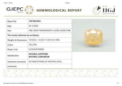 Natural Yellow Sapphire (Pukhraj) 10.53 Carats