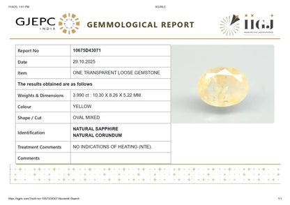 NATURAL YELLOW SAPPHIRE (PUKHRAJ) 3.99 CARATS
