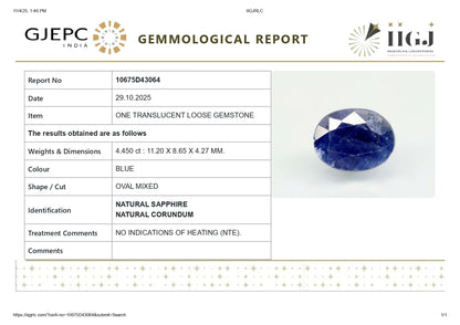 Natural Blue Sapphire (Neelam) 4.44 Carats