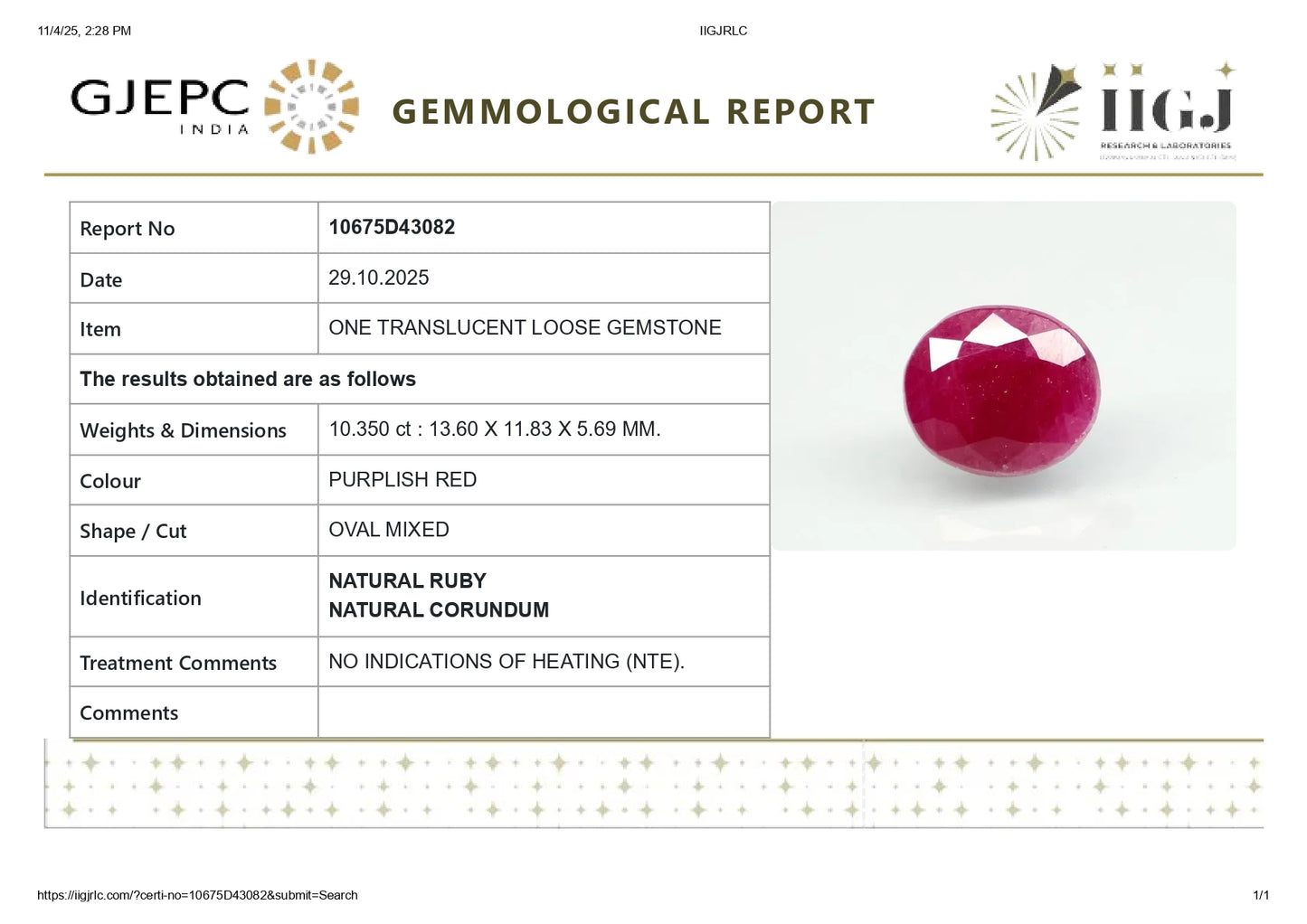 Natural Ruby (Manik) 10.35 Carats