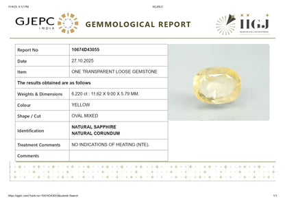 Natural Yellow Sapphire (Pukhraj) 6.22 Carats