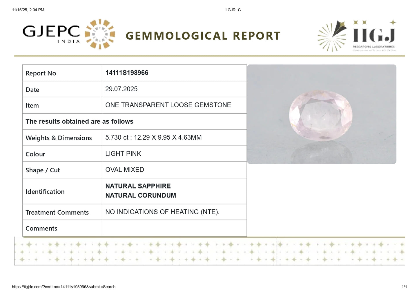Natural Pink Sapphire 5.73 Carats