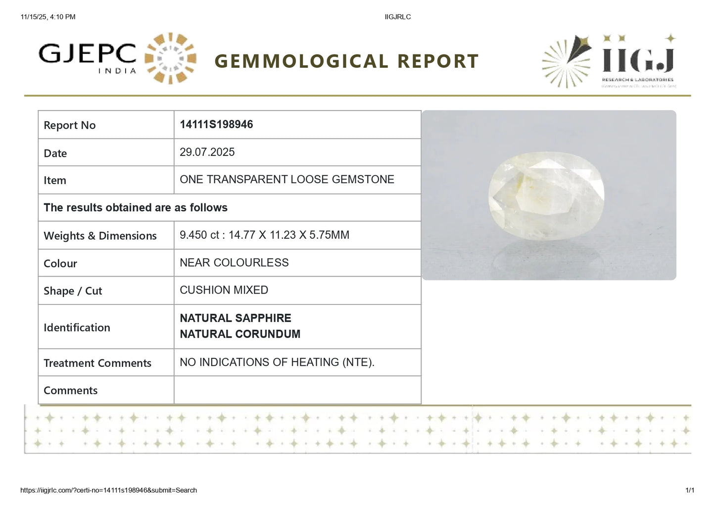 Natural White Sapphire 9.45 Carats