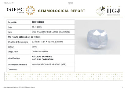 Natural Blue Sapphire (Neelam) 6.13 Carats