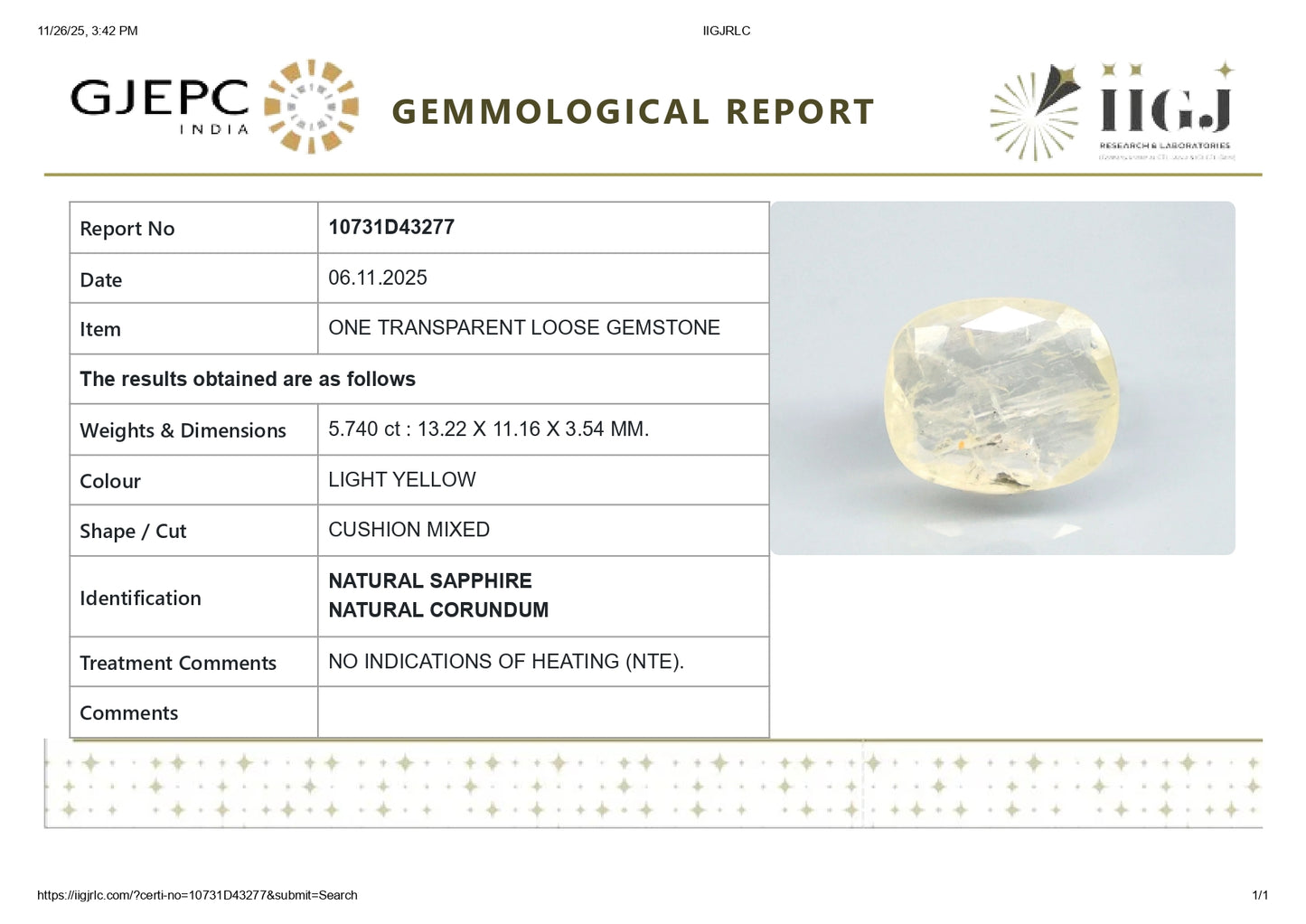 Natural Yellow Sapphire (Pukhraj) 5.74 Carats