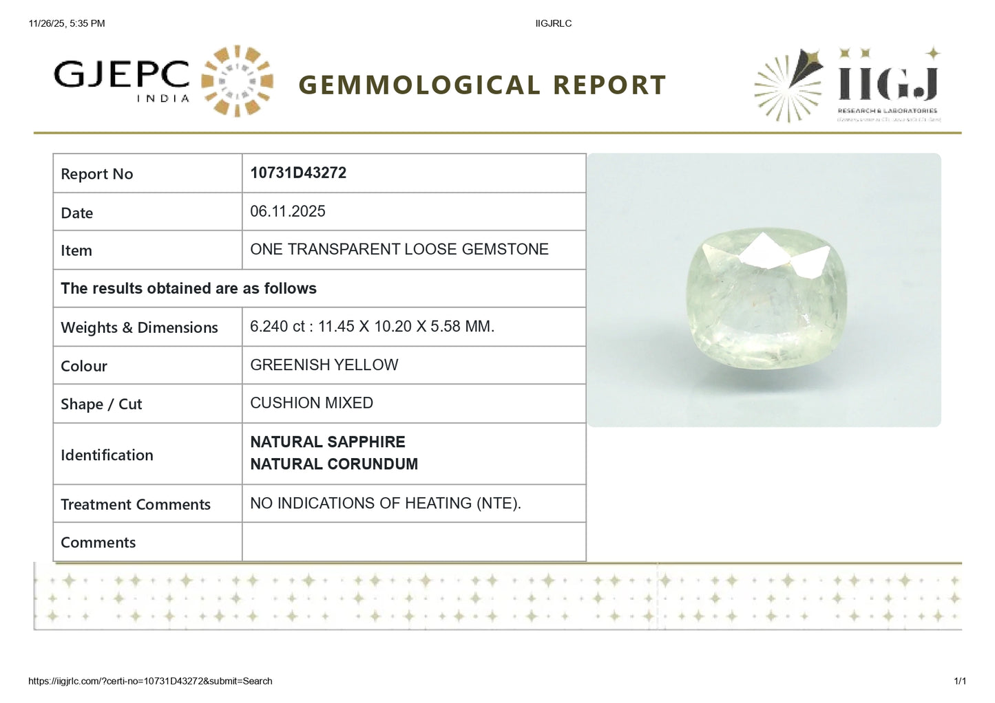 NATURAL YELLOW SAPPHIRE (PUKHRAJ) 6.24 CARATS