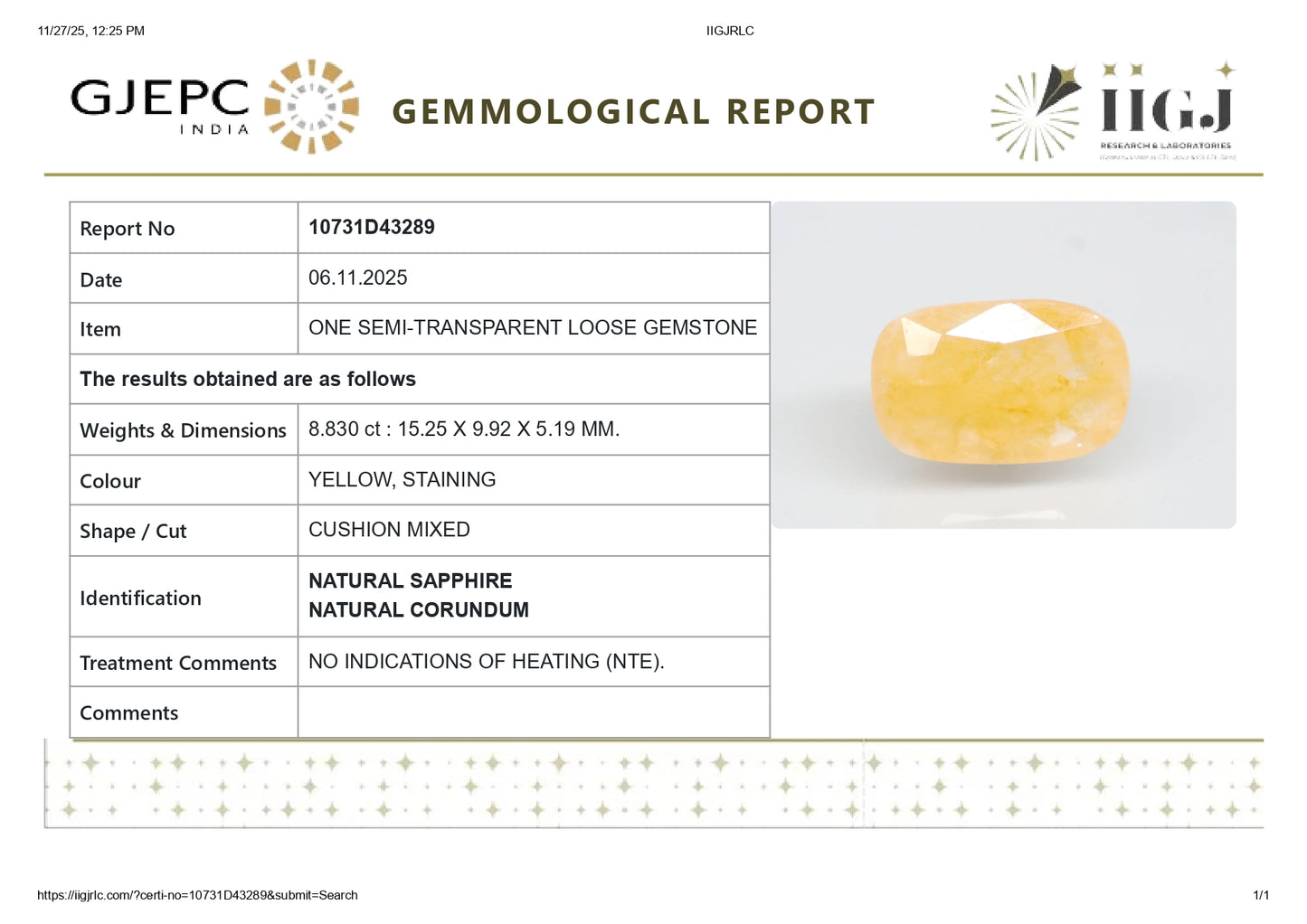 Natural Yellow Sapphire (Pukhraj) 8.83 Carats