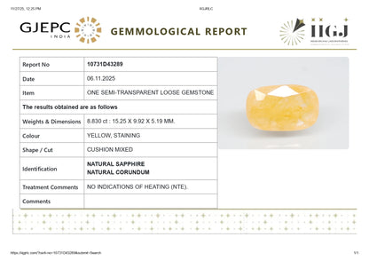 Natural Yellow Sapphire (Pukhraj) 8.83 Carats