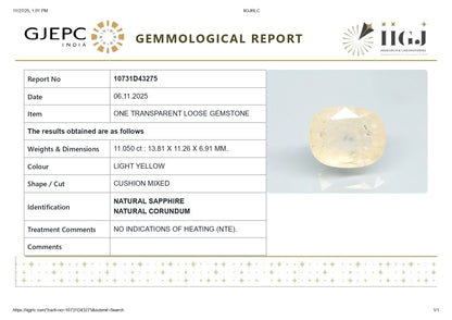 Natural Yellow Sapphire (Pukhraj) 11.05 Carats