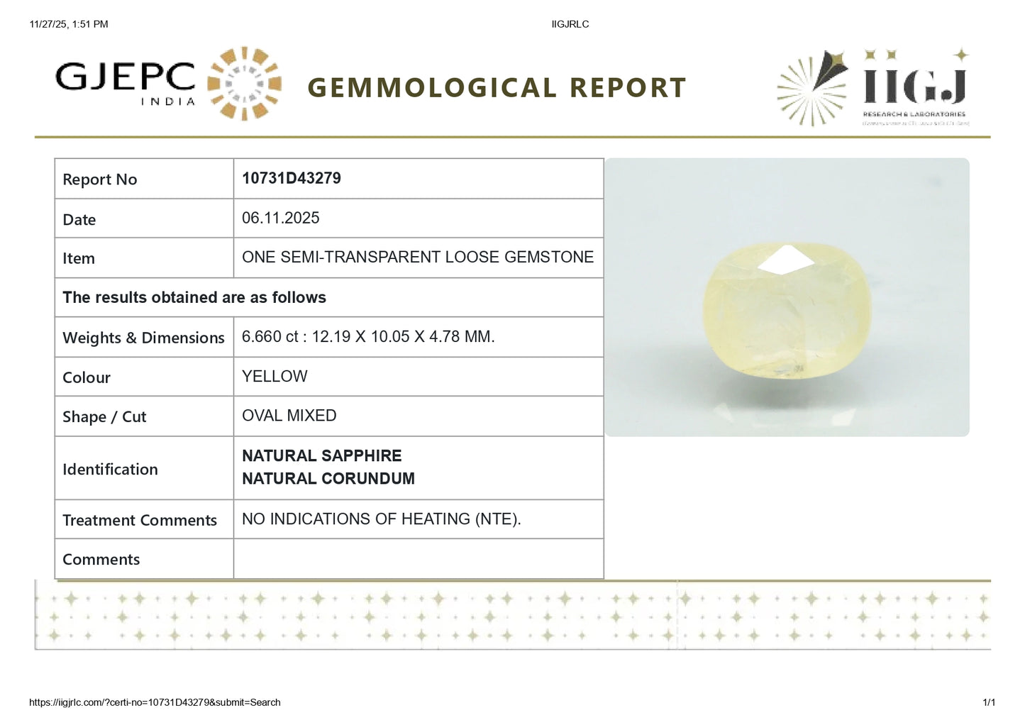 Natural Yellow Sapphire (Pukhraj) 6.66 Carats